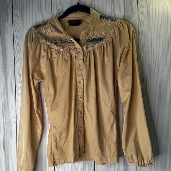Vintage 80s Shiny Tan Blouse Lace Trim Button Up Shirt Women’s Medium Taiwan - Picture 1 of 6